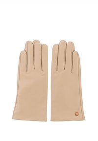 Beige leren handschoenen met vier vingers en een rechte manchet. Gladde textuur met subtiele stiksels en een klein rond logo op de pols.