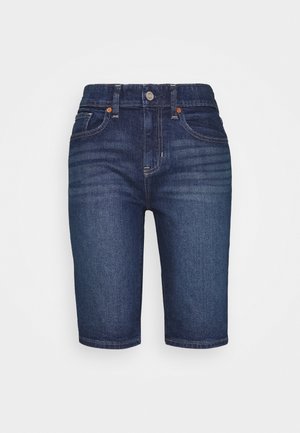 Dark blue denim knee-length shorts with front button closure, belt loops, and classic five-pocket design.