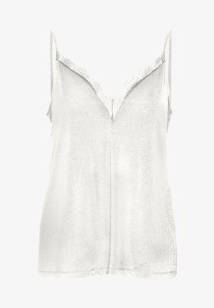 Weißes Camisole-Top mit verstellbaren Spaghettiträgern, V-Ausschnitt und Spitzenbesatz entlang der Ränder; glatter Stoff mit dezentem Glanz.