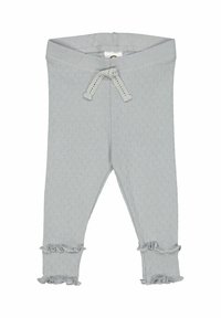 Lichtgrijze leggings van gestructureerde stof, met een trekkoord in de taille en ruches aan de onderkant.