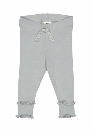 Jasnoszare legginsy wykonane z fakturowanej tkaniny, z paskiem do regulacji w talii i falbanami na końcu.