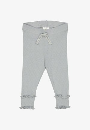 Světlé šedé legíny vyrobené z texturované tkaniny, se stahovacími šňůrkami v pase a volánkovými detaily na lemu.