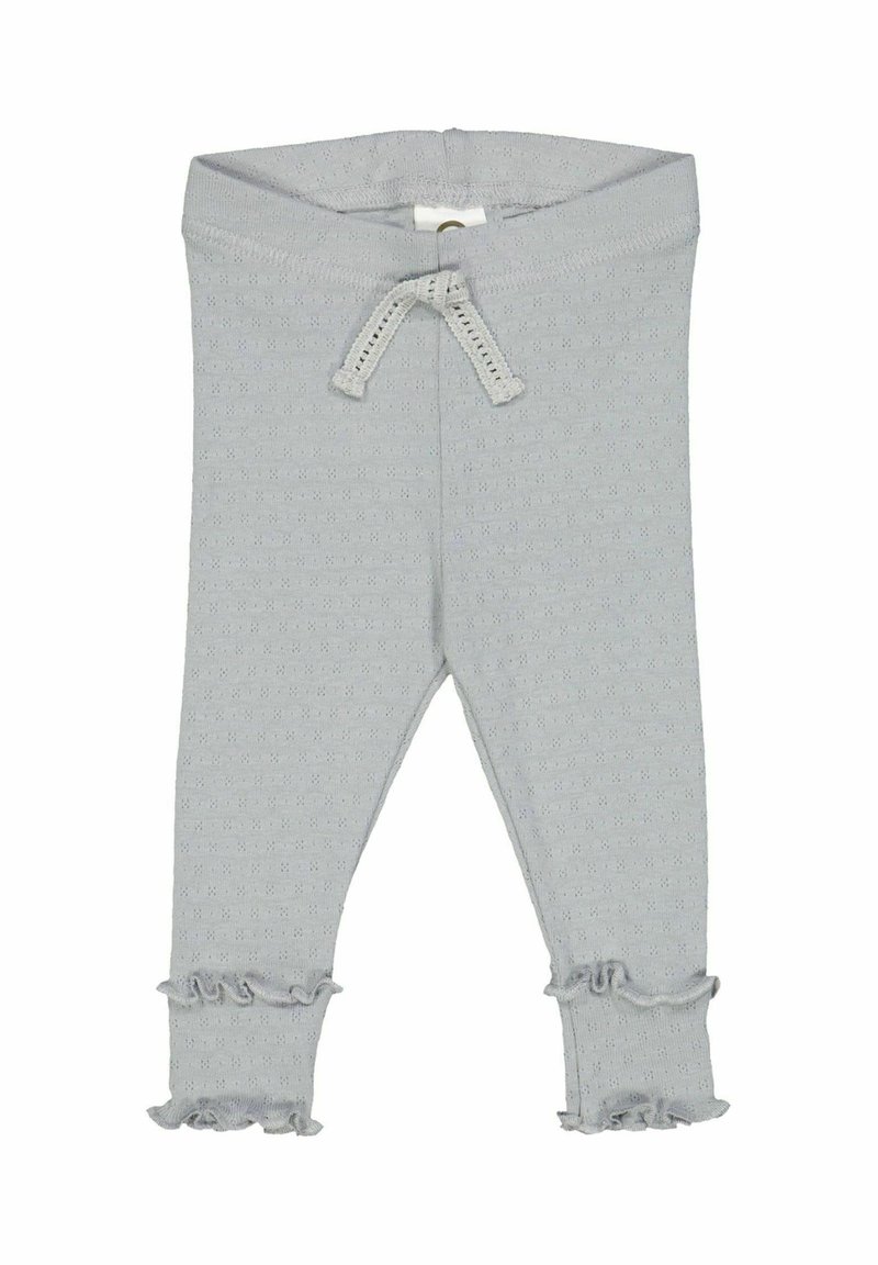 Lichtgrijze leggings van gestructureerde stof, met een trekkoord in de taille en ruches aan de onderkant.