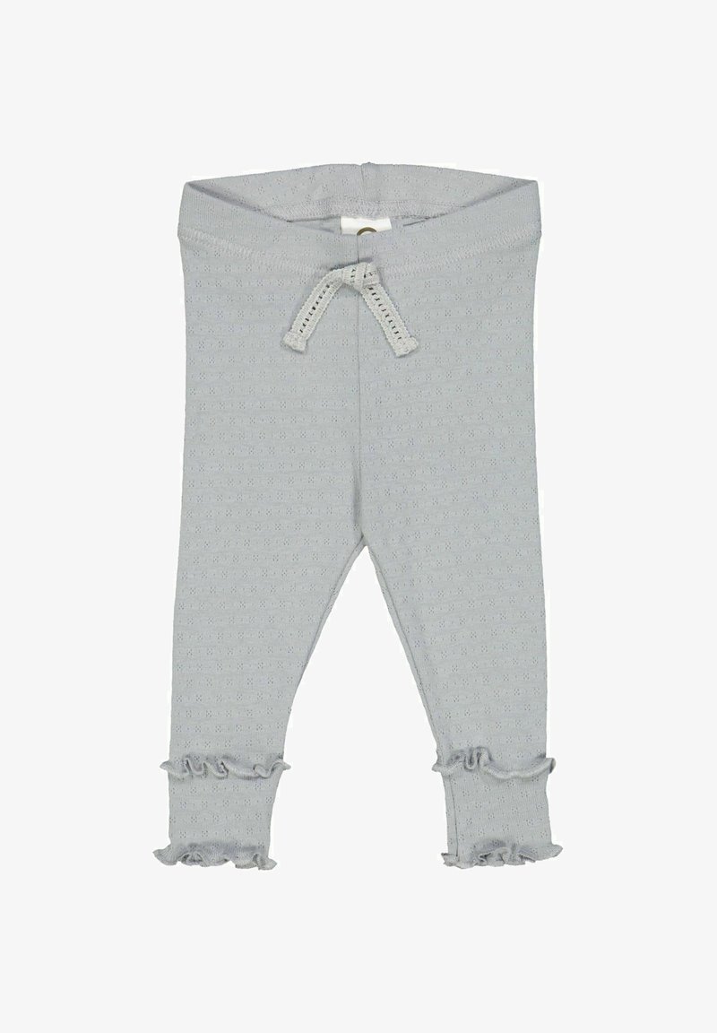 Lichtgrijze leggings van gestructureerde stof, met een trekkoord in de taille en ruches aan de onderkant.