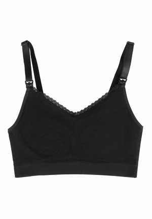 Zwarte bralette met verstelbare bandjes, kantafwerking langs de halslijn en een gladde stoftekstuur. Geen padding of beugel inbegrepen.