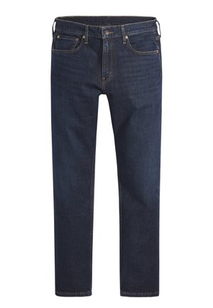 Dunkelblaue gerade geschnittene Jeans mit fünf Taschen, Gürtelschlaufen sowie Knopf- und Reißverschluss.