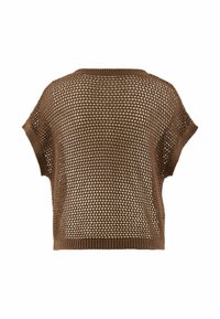 Maglione corto a maniche corte di colore marrone, lavorato a maglia con un design ampio a rete e colletto a costine; presenta una vestibilità larga e rilassata e un motivo testurizzato.