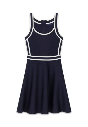 Vestido azul marino sin mangas con ribete blanco en el escote, las sisas, la cintura y los paneles frontales verticales, con cierre de cremallera en la espalda.