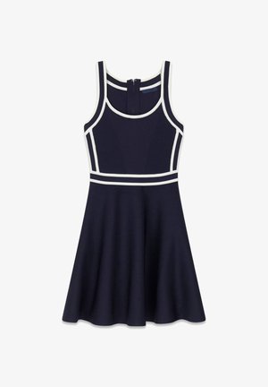 Granatowa sukienka bez rękawów z białym wykończeniem przy dekolcie, otworach na ramiona, w talii oraz na pionowych przednich panelach, z zamkiem z tyłu.