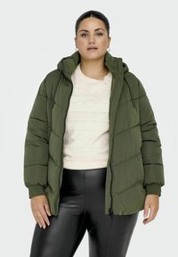 Tamsiai žalia pūkinė striukė su gobtuvu, turinti siuvinėtą raštą ir elastingas rankoves. Dėvima ant šviesiai kreminės spalvos megztinio ir juodų kelnių.