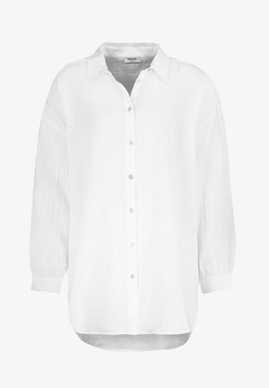 Weißes Hemd mit Knopfleiste aus strukturiertem Stoff. Mit Kragen, langen Ärmeln mit elastischen Bündchen und abgerundetem Saum.