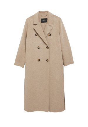 Manteau en laine beige à double boutonnage avec six boutons en écaille de tortue, revers crantés, manches longues et fentes latérales, présenté sur fond blanc.