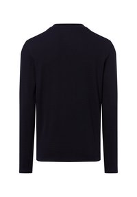 Langarm-Navy-Pullover aus geripptem Stoff. Verfügt über einen klassischen Rundhalsausschnitt und einen geraden Saum. Keine sichtbaren Logos oder Verzierungen.