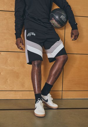 Black and grey basketball shorts with zigzag patterns, logo reading "San Antonio Spurs," paired with white Nike shoes and black socks.