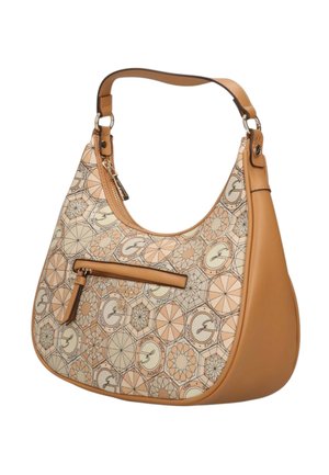 Lichtbruine en beige hobo tas met geometrische en ronde logo patronen, voorvak met rits en verstelbare schouderriem met goudkleurige hardware.