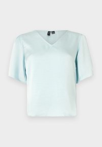 Blusa blu chiaro a V con maniche corte a palloncino, realizzata in tessuto liscio, caratterizzata da una vestibilità rilassata e senza motivi o adornamenti visibili.