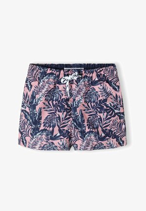 Pantaloni scurți de înot roz cu un model naval de frunze, talie elastică și închidere cu șnur. Material ușor, cu o textură netedă.