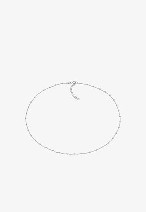 Ezüst lánc nyaklánc, egyenletesen elhelyezett kerek gyöngyökkel, minimalista design, állítható hosszúság, sima felület és homárkapcsos záródás.