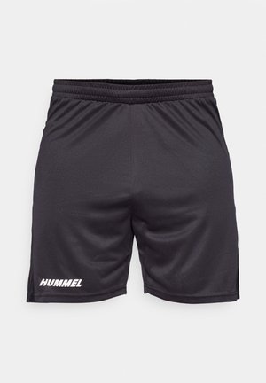 Czarne szorty sportowe z elastycznym pasem i białym logo "HUMMEL" na dolnej lewej nodze, pokazane na jednolitym tle.