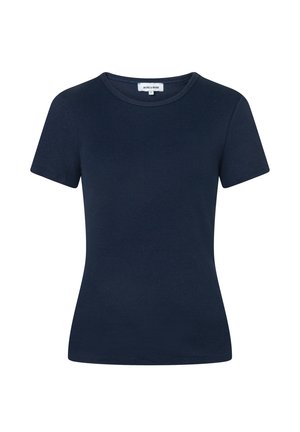 Marineblaues, kurzärmeliges, figurbetontes, geripptes Strick-T-Shirt mit Rundhalsausschnitt und sichtbarem Markenlabel innen im Kragen.
