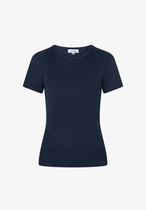 Marineblaues, kurzärmeliges, figurbetontes, geripptes Strick-T-Shirt mit Rundhalsausschnitt und sichtbarem Markenlabel innen im Kragen.
