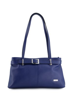 Blue leather handbag with long double straps, front buckle detail, and small rectangular brand tag on the lower right side.