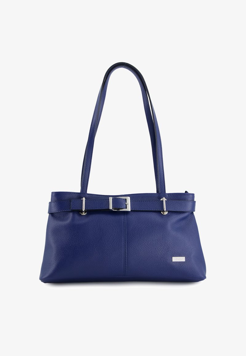 Blaues Lederhandtasche mit langen doppelten Trägern, vorderem Schnallen-Detail und kleinem rechteckigen Markenetikett auf der unteren rechten Seite.