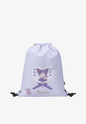 Sacca con coulisse viola chiaro con il personaggio Kuromi in un cuore, fiocco viola e design di orsacchiotto sul davanti.