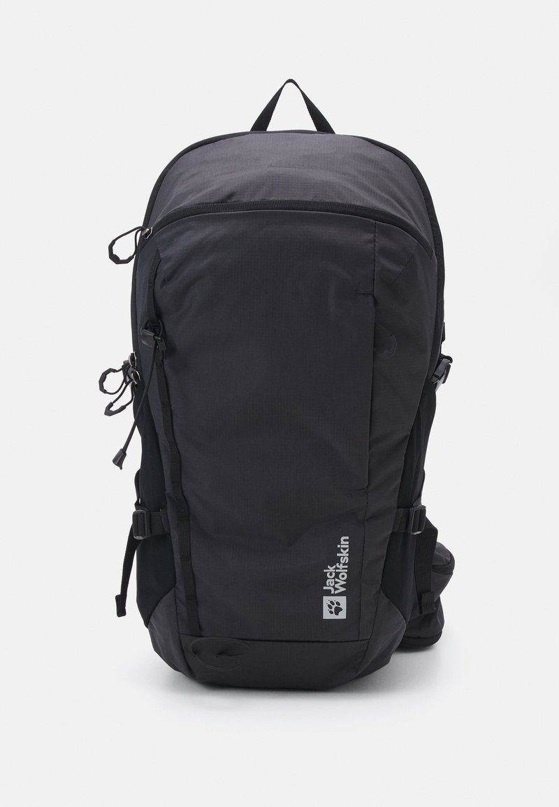 Black backpack with zippers and adjustable straps, featuring a sleek design and textured fabric, with a logo on the front.