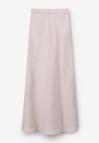Lichtroze maxi-rok van textuurstof met een elastische tailleband, met een vloeiende ontwerp dat tot de enkels valt.