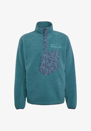 Teal fleece pullover with a high collar, half-button closure, and a patterned chest pocket in darker teal and purple tones.
