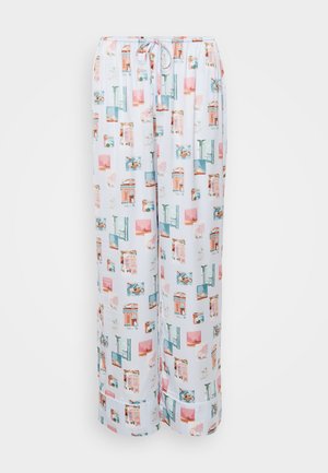 Pantalones de pijama ligeros y blancos con un estampado en tonos pastel de edificios y paisajes costeros. Presenta una cinturilla elástica con cordón ajustable.