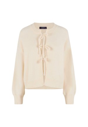 Krémový zkrácený svetr v jemném pletení, s kulatým výstřihem, předními tkaničkami a ribbovanými manžetami a lemem. Minimalistický design s otevřeným předním dílem.