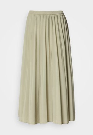 Pleated long skirt in a soft, light green fabric. Features an elastic waistband and flowing design, with uniform pleats throughout.