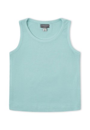 Top corto sin mangas acanalado en azul claro con escote redondo, talla 4, marca Canada House.