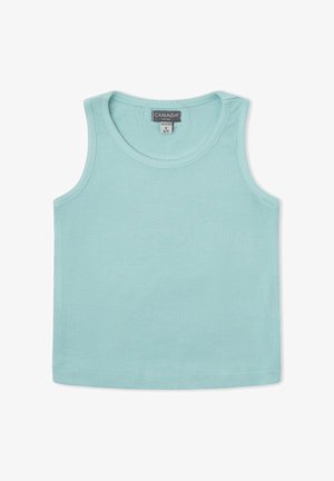 Top corto sin mangas acanalado en azul claro con escote redondo, talla 4, marca Canada House.