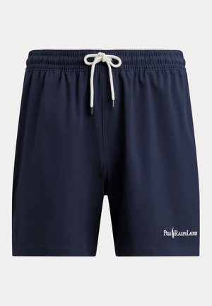 Tmavomodré plavecké šortky s bielym sťahovacím šnúrkam a logom Polo Ralph Lauren na spodnej ľavej nohe.