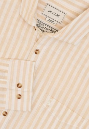 Hellbeige gestreifte Leinenmischung-Bluse mit Kragen, braunen Knöpfen und einer Brusttasche. Das Etikett weist auf die Marke 'JOULES' hin, Größe M.