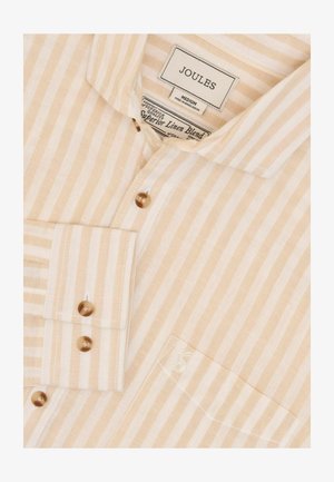 Vaaleanbeige raidoitettu pellavasekoitteinen paita, jossa on kaulus, ruskeat napit ja rintatasku. Tagi osoittaa 'JOULES' -merkin, koko keskikoko.