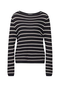 Schwarzer und cremefarbener gestreifter Pullover mit langen Ärmeln, rundem Halsausschnitt und gerippter Textur. Einfaches Design mit horizontalen Streifen über den gesamten Pullover.