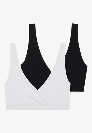Kaks valget ja musta rinnahoidjat, millel on sügav V-kaelus ja mis on valmistatud pehmest kangast sileda tekstuuriga ning ilma nähtava metallist osadega.