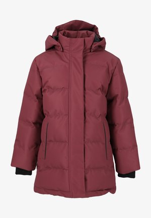 Maroon puffer winter jacket with hood, front zipper covered by flap, side pockets, and black inner cuffs.