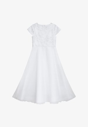 Weißes Kleid mit kurzen Ärmeln, floraler Stickerei auf dem Oberteil und einem fließenden Rock aus leichtem, transparentem Stoff.