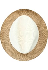 Sombrero de paja de ala ancha con un borde tejido en tono bronceado y un centro blanco liso, que presenta patrones circulares concéntricos.