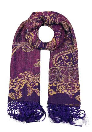 Écharpe violette avec un motif paisley doré, ornée de bords frangés. Fabriquée en tissu doux et texturé, elle a une forme longue et rectangulaire.