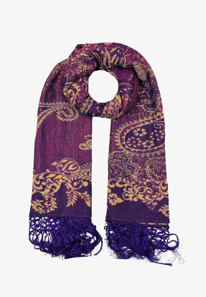 Écharpe violette avec un motif paisley doré, ornée de bords frangés. Fabriquée en tissu doux et texturé, elle a une forme longue et rectangulaire.