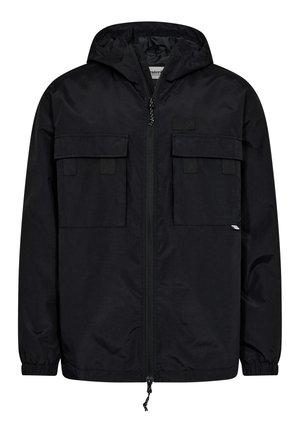 Sort hættejakke lavet af tekstureret stof, med en frontlynlås, to brystlommer og elastiske manchetter for en sikker pasform.