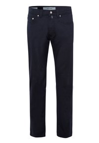 Marineblaue Baumwollhose mit geradem Schnitt, ausgestattet mit vorderen Taschen, einem Reißverschluss und metallischen Knopfdetails.