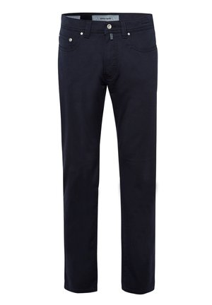Marineblaue Baumwollhose mit geradem Schnitt, ausgestattet mit vorderen Taschen, einem Reißverschluss und metallischen Knopfdetails.