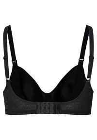 Svart bh med vadderade kupor, justerbara axelremmar och en hake-och-öga stängning. Har en mjuk textur och subtila kontrasterande sömdetaljer.